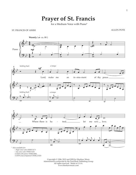 Brass quartet, timpani, and two C instrument parts are optional. . Prayer of st francis sheet music pdf